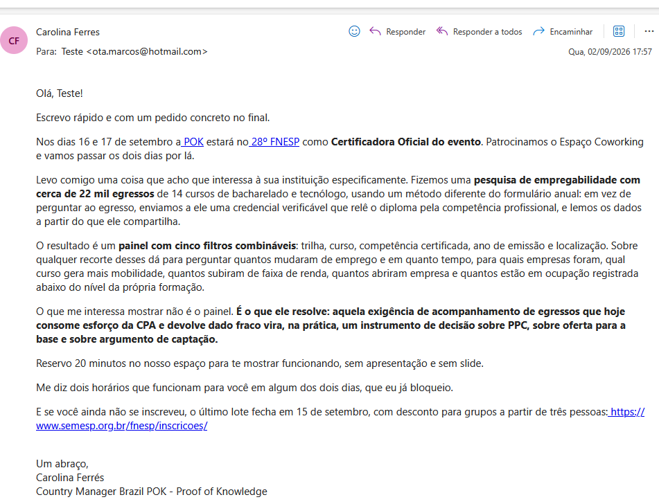 Exemplo de mensagem 1:1 para contato estratégico, com convite para uma demonstração de 20 minutos.