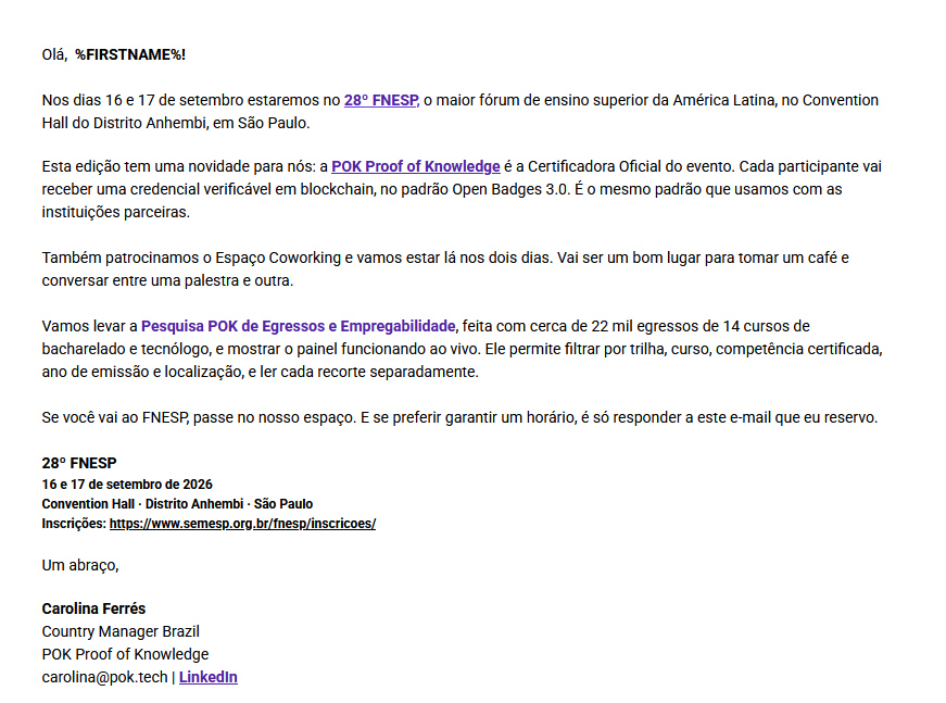 Exemplo de e-mail segmentado com convite ao FNESP e assinatura de Carolina Ferrés.