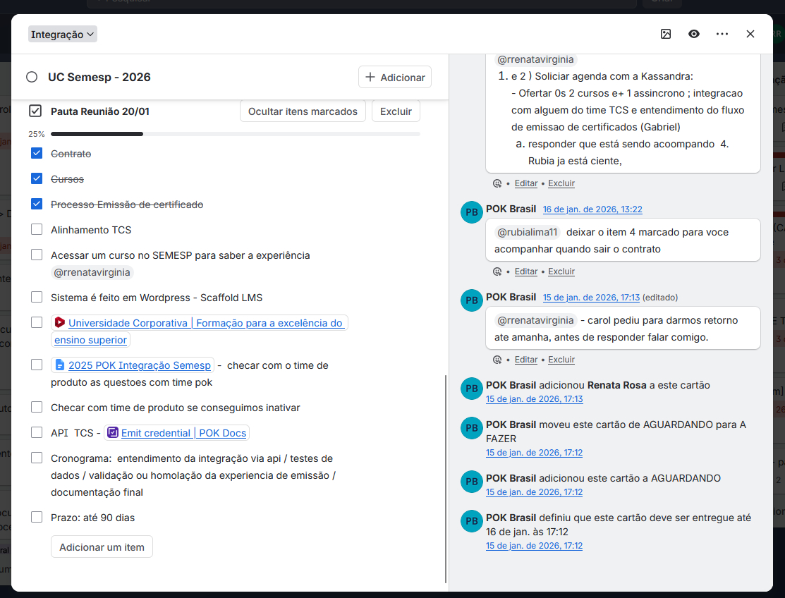 Cartão UC Semesp 2026 com checklist de integração, links de documentação, cronograma, prazo e histórico de comentários e responsáveis.